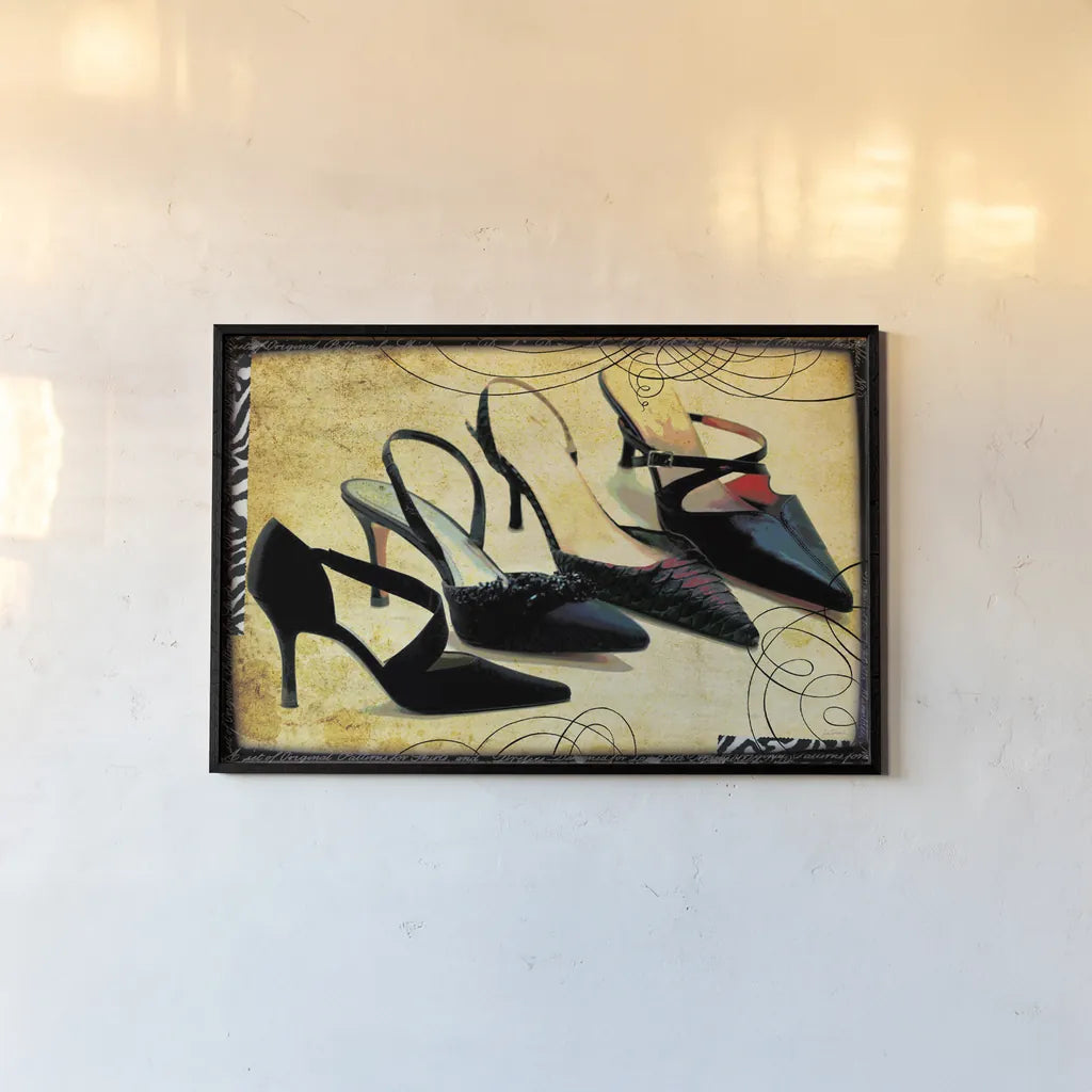 Chic Shoes by Sue Schlabach. shown as a paper print in a black flame. Available as a archival giclee rolled canvas, fine art paper, or poster print. SKU 44490i.