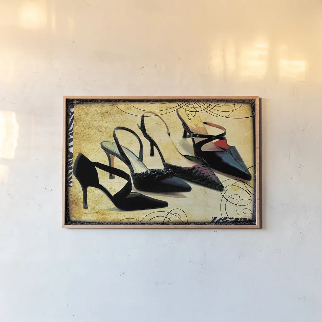 Chic Shoes by Sue Schlabach. shown as a paper print in a natural frame. Available as a archival giclee rolled canvas, fine art paper, or poster print. SKU 44490i.