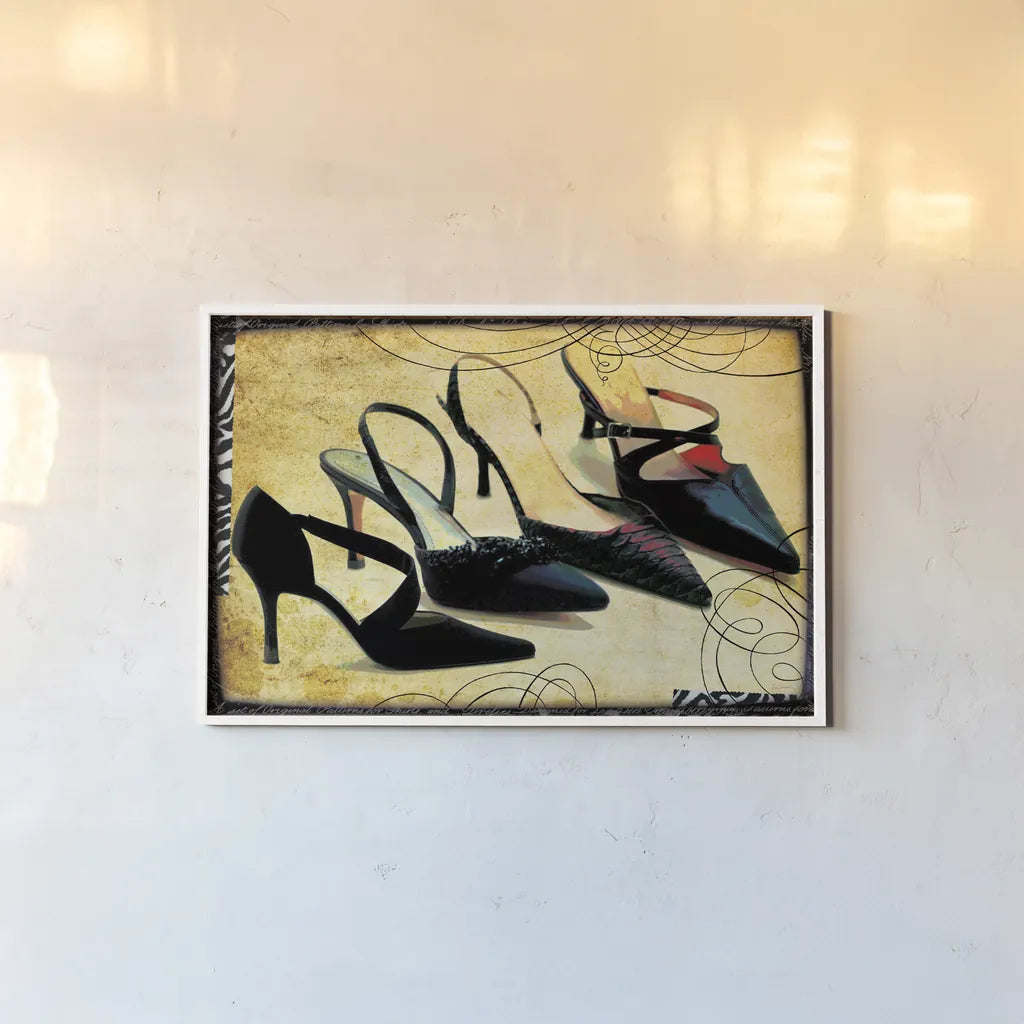 Chic Shoes by Sue Schlabach. shown as a paper print in a white frame. Available as a archival giclee rolled canvas, fine art paper, or poster print. SKU 44490i.