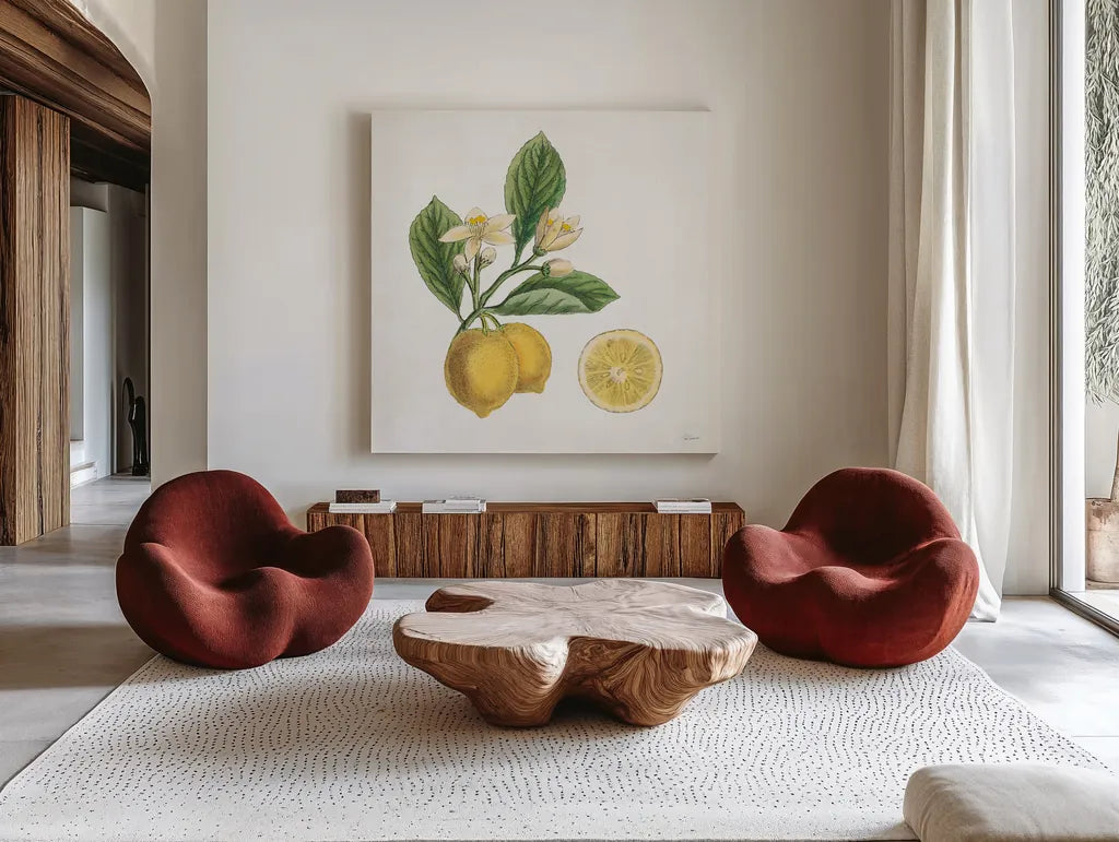 Classic Citrus I by Sue Schlabach. Shown as extra-large giant wall art in a modern living room. Available as an archival giclee rolled canvas, fine art paper, or poster print. SKU 32039a.