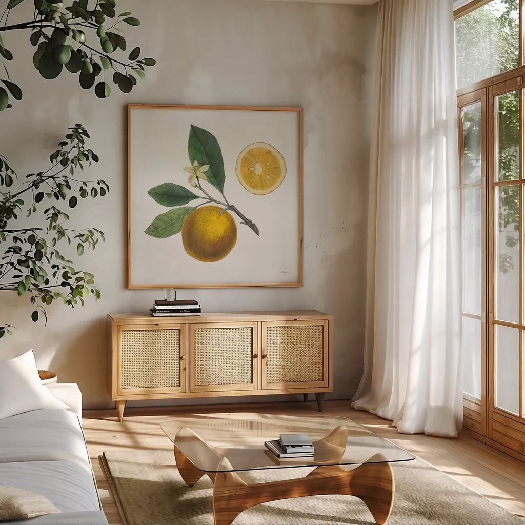 Classic Citrus II by Sue Schlabach. Shown in a natural wood frame in a cozy modern living room. Available as an archival giclee rolled canvas, fine art paper, or poster print. SKU 32040a.
