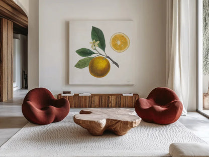 Classic Citrus II by Sue Schlabach. Shown as extra-large giant wall art in a modern living room. Available as an archival giclee rolled canvas, fine art paper, or poster print. SKU 32040a.