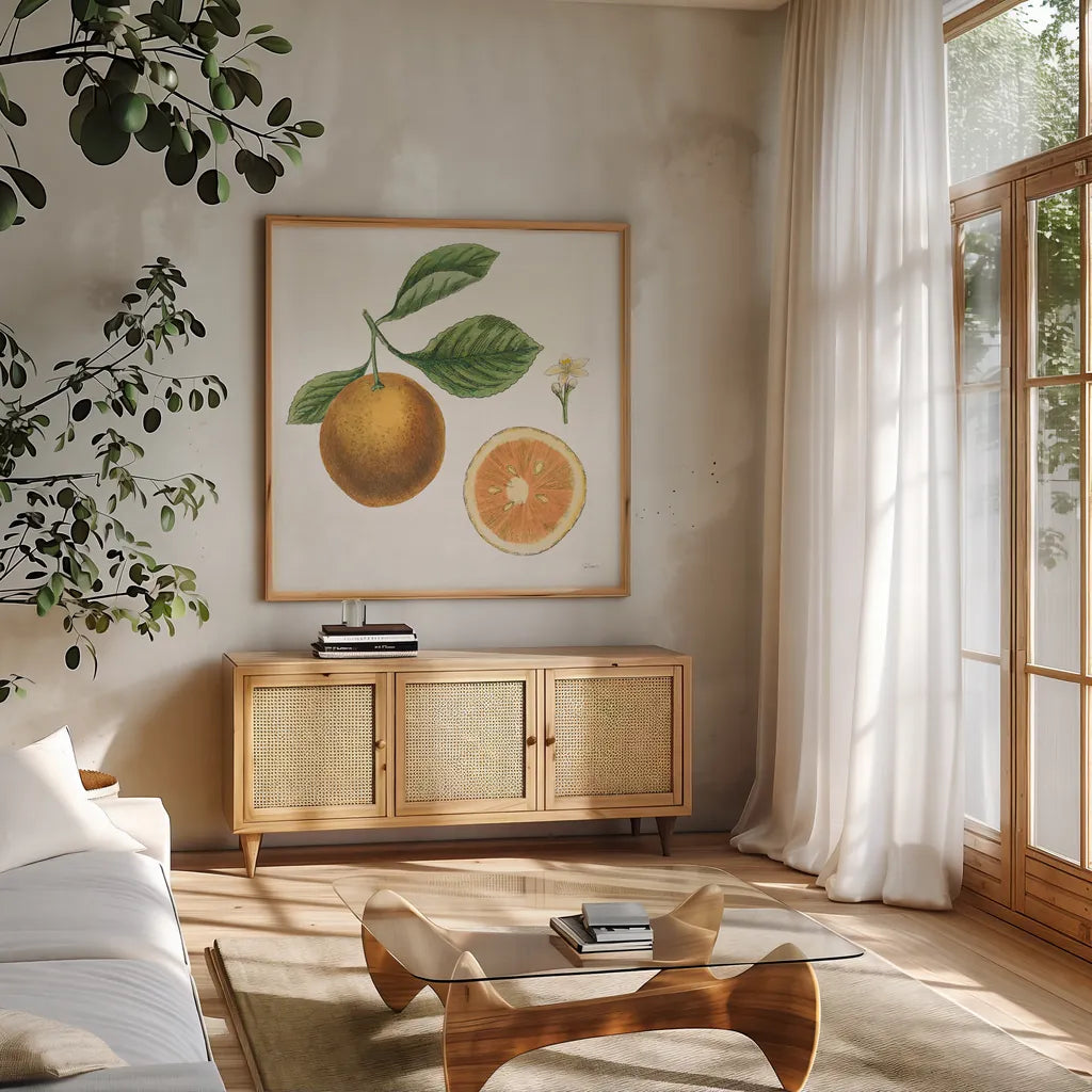Classic Citrus IV by Sue Schlabach. Shown in a natural wood frame in a cozy modern living room. Available as an archival giclee rolled canvas, fine art paper, or poster print. SKU 32042a.