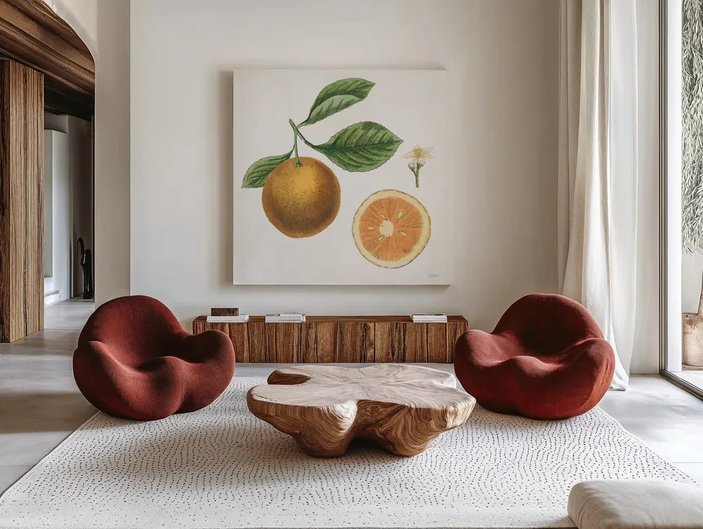 Classic Citrus IV by Sue Schlabach. Shown as extra-large giant wall art in a modern living room. Available as an archival giclee rolled canvas, fine art paper, or poster print. SKU 32042a.