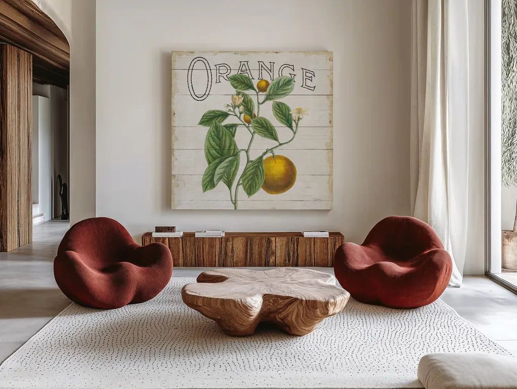 Classic Citrus VI Shiplap Sq by Sue Schlabach. Shown as extra-large giant wall art in a modern living room. Available as an archival giclee rolled canvas, fine art paper, or poster print. SKU 71113a.