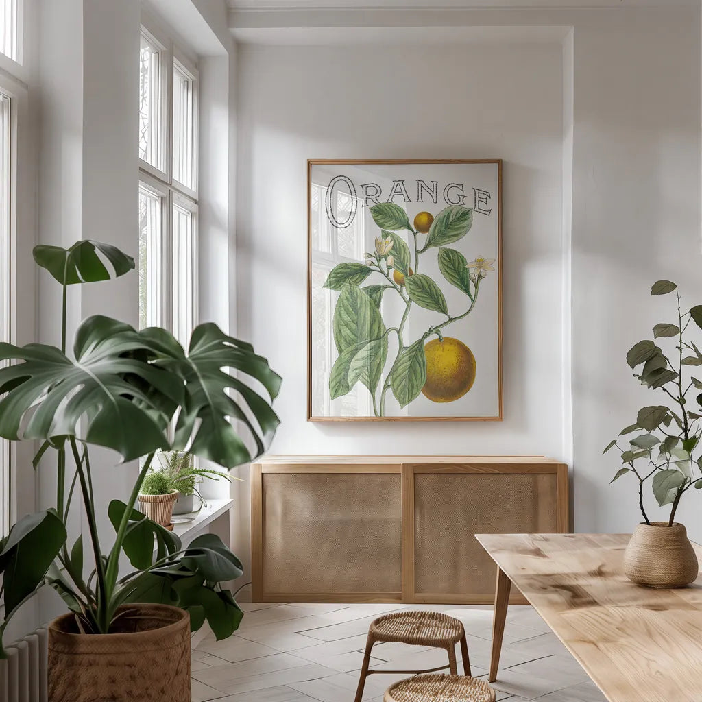 Classic Citrus VI v2 by Sue Schlabach. shown as a print in a natural wood frame in a dining room. Available as a archival giclee rolled canvas, fine art paper, or poster print. SKU 34055h.