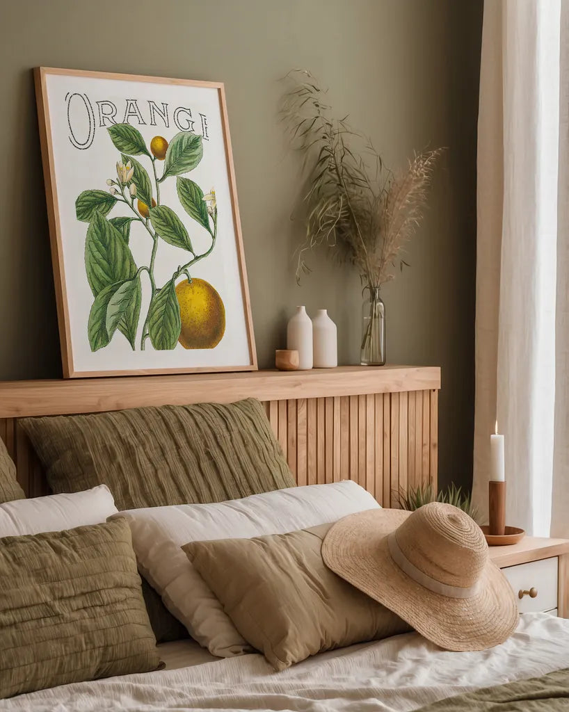 Classic Citrus VI v2 by Sue Schlabach. shown as a paper print in a natural frame. Available as a archival giclee rolled canvas, fine art paper, or poster print. SKU 34055h.