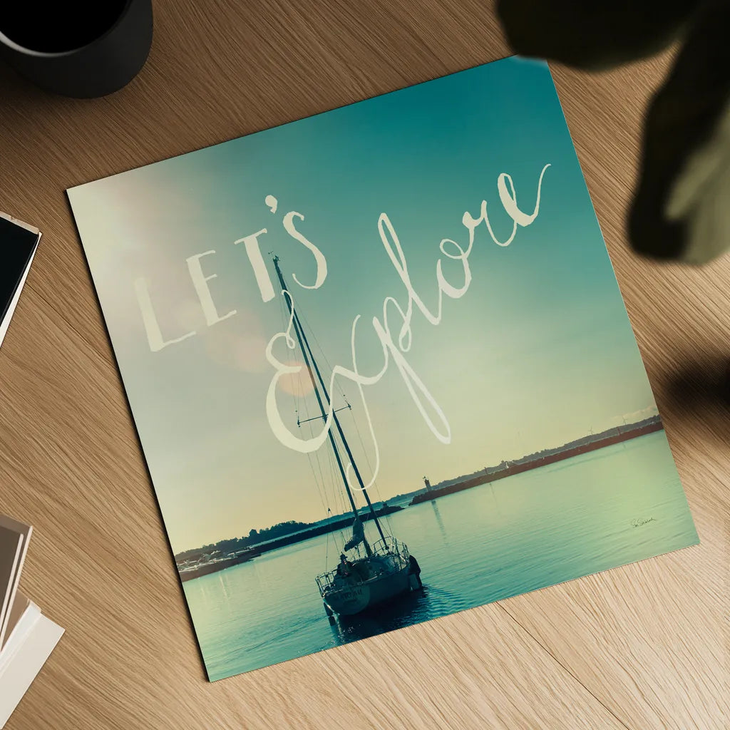 Coastline Sailboat Explore by Sue Schlabach. Shown as a detailed flat fine art print, highlighting archival giclee quality. Available as an archival giclee rolled canvas, fine art paper, or poster print. SKU 15251a.