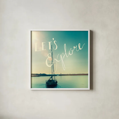 Coastline Sailboat Explore by Sue Schlabach. Shown in a crisp white glass frame for a clean and minimalist style. Available as an archival giclee rolled canvas, fine art paper, or poster print. SKU 15251a.