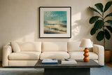 Coastline Waves by Sue Schlabach. Displayed in a glass frame with matte in a clean modern living room. Available as an archival giclee rolled canvas, fine art paper, or poster print. SKU 14575a.