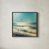 Coastline Waves no Word by Sue Schlabach. Shown in a sleek black glass frame for a contemporary gallery look. Available as an archival giclee rolled canvas, fine art paper, or poster print. SKU 33117a.