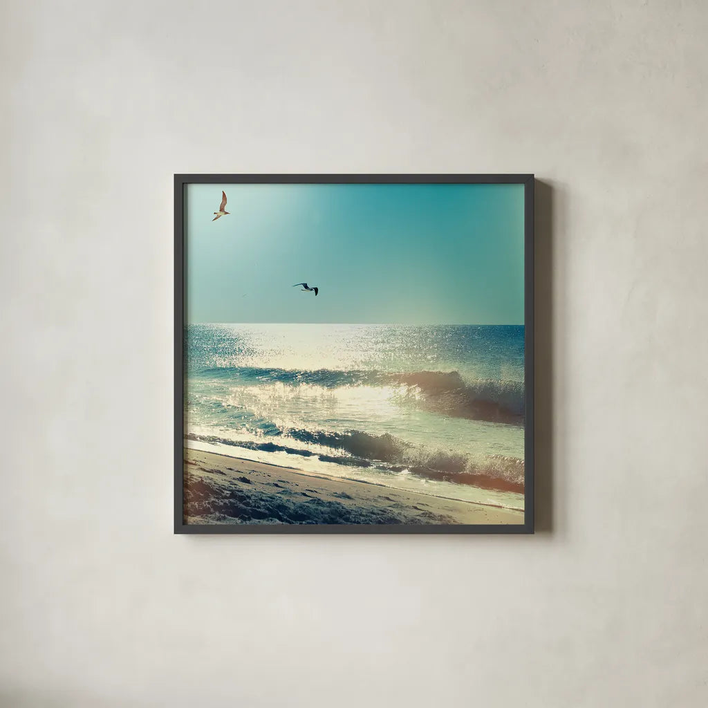 Coastline Waves no Word by Sue Schlabach. Shown in a sleek black glass frame for a contemporary gallery look. Available as an archival giclee rolled canvas, fine art paper, or poster print. SKU 33117a.