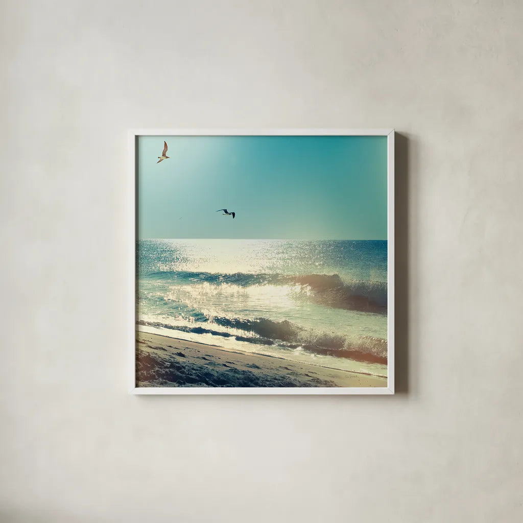 Coastline Waves no Word by Sue Schlabach. Shown in a crisp white glass frame for a clean and minimalist style. Available as an archival giclee rolled canvas, fine art paper, or poster print. SKU 33117a.