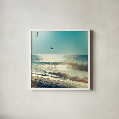 Coastline Waves no Word by Sue Schlabach. Shown in a crisp white glass frame for a clean and minimalist style. Available as an archival giclee rolled canvas, fine art paper, or poster print. SKU 33117a.