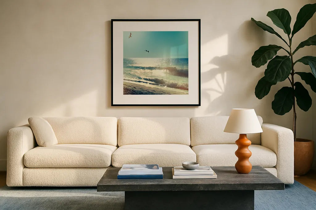 Coastline Waves no Word by Sue Schlabach. Displayed in a glass frame with matte in a clean modern living room. Available as an archival giclee rolled canvas, fine art paper, or poster print. SKU 33117a.