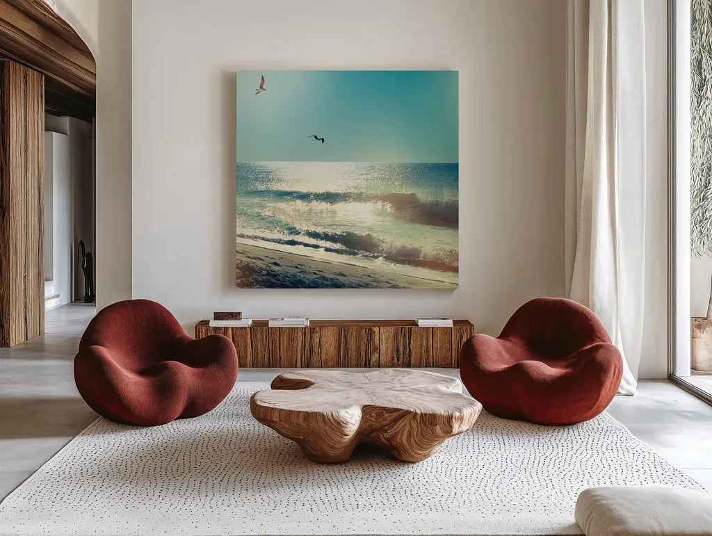 Coastline Waves no Word by Sue Schlabach. Shown as extra-large giant wall art in a modern living room. Available as an archival giclee rolled canvas, fine art paper, or poster print. SKU 33117a.