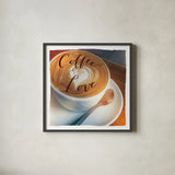Coffee Love by Sue Schlabach. Shown in a sleek black glass frame for a contemporary gallery look. Available as an archival giclee rolled canvas, fine art paper, or poster print. SKU 14021a.