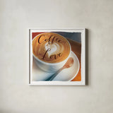 Coffee Love by Sue Schlabach. Shown in a crisp white glass frame for a clean and minimalist style. Available as an archival giclee rolled canvas, fine art paper, or poster print. SKU 14021a.