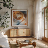 Coffee Love by Sue Schlabach. Shown in a natural wood frame in a cozy modern living room. Available as an archival giclee rolled canvas, fine art paper, or poster print. SKU 14021a.