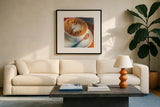 Coffee Love by Sue Schlabach. Displayed in a glass frame with matte in a clean modern living room. Available as an archival giclee rolled canvas, fine art paper, or poster print. SKU 14021a.