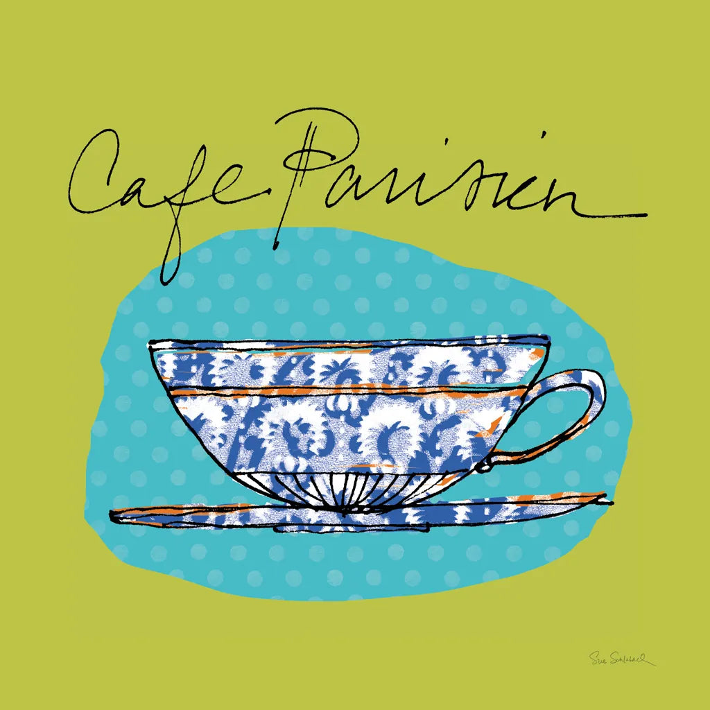 Colorful Coffee Cafe Parisien No Border by Sue Schlabach. SKU 44496a. Archival Giclee Fine art print for wall decor.