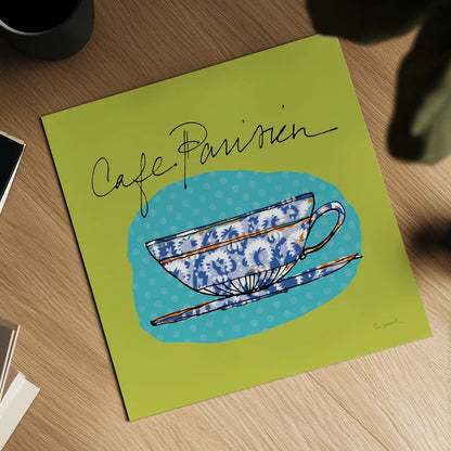 Colorful Coffee Cafe Parisien No Border by Sue Schlabach. Shown as a detailed flat fine art print, highlighting archival giclee quality. Available as an archival giclee rolled canvas, fine art paper, or poster print. SKU 44496a.
