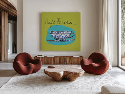 Colorful Coffee Cafe Parisien No Border by Sue Schlabach. Shown as extra-large giant wall art in a modern living room. Available as an archival giclee rolled canvas, fine art paper, or poster print. SKU 44496a.