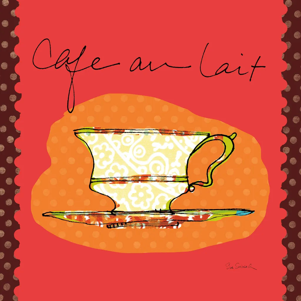 Colorful Coffee Cafe au Lait by Sue Schlabach. SKU 44499a. Archival Giclee Fine art print for wall decor.