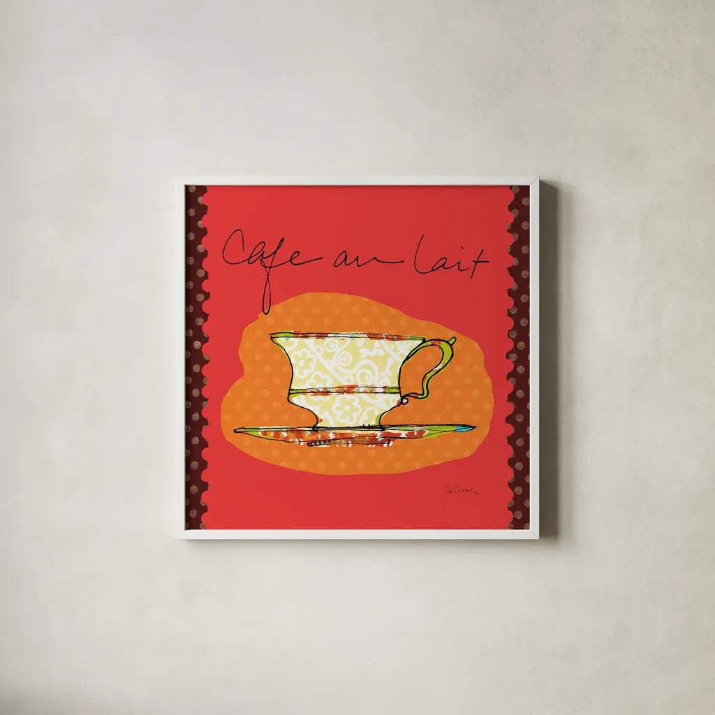 Colorful Coffee Cafe au Lait by Sue Schlabach. Shown in a crisp white glass frame for a clean and minimalist style. Available as an archival giclee rolled canvas, fine art paper, or poster print. SKU 44499a.