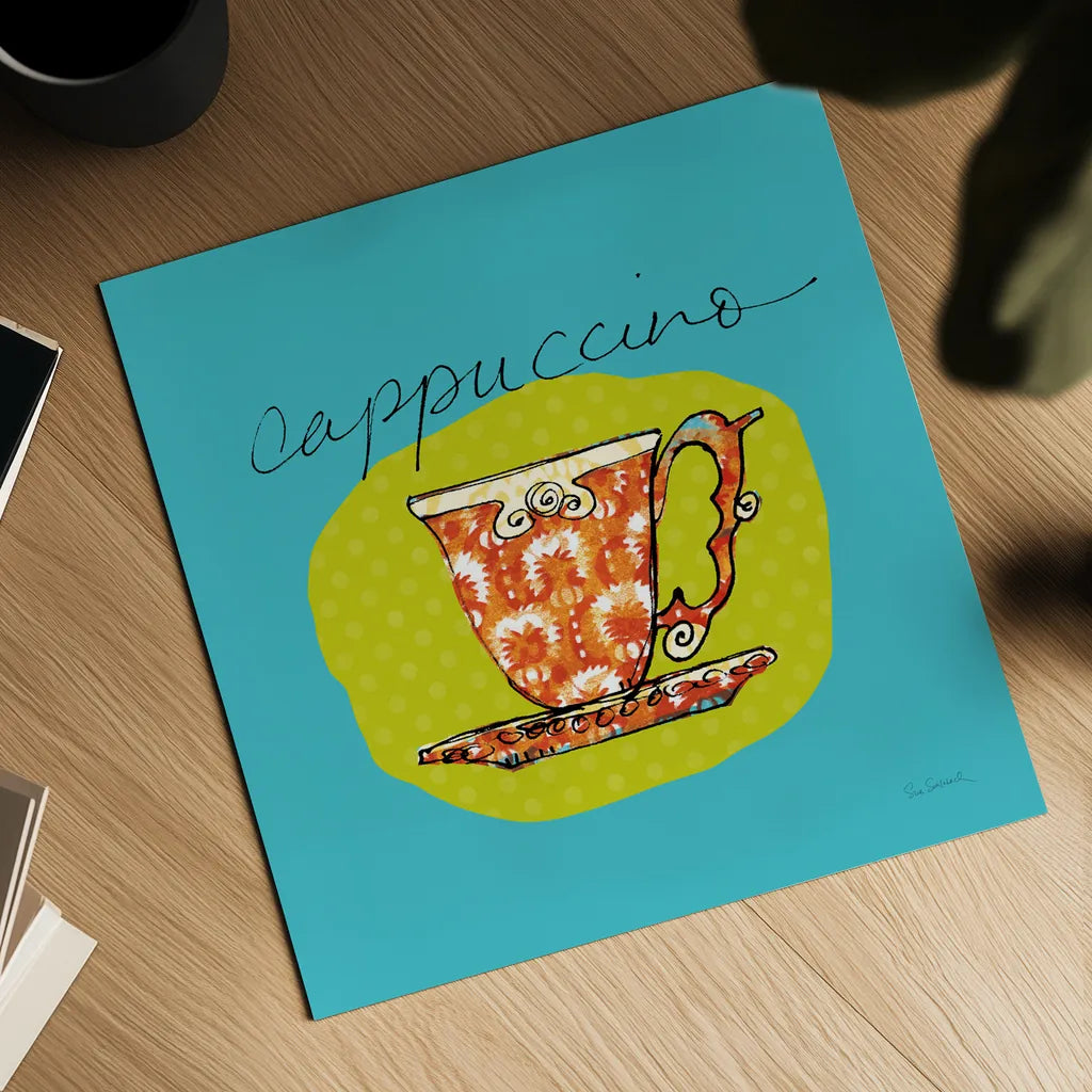 Colorful Coffee Cappuccino No Border by Sue Schlabach. Shown as a detailed flat fine art print, highlighting archival giclee quality. Available as an archival giclee rolled canvas, fine art paper, or poster print. SKU 44497a.
