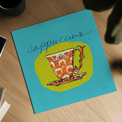 Colorful Coffee Cappuccino No Border by Sue Schlabach. Shown as a detailed flat fine art print, highlighting archival giclee quality. Available as an archival giclee rolled canvas, fine art paper, or poster print. SKU 44497a.