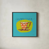 Colorful Coffee Cappuccino No Border by Sue Schlabach. Shown in a sleek black glass frame for a contemporary gallery look. Available as an archival giclee rolled canvas, fine art paper, or poster print. SKU 44497a.
