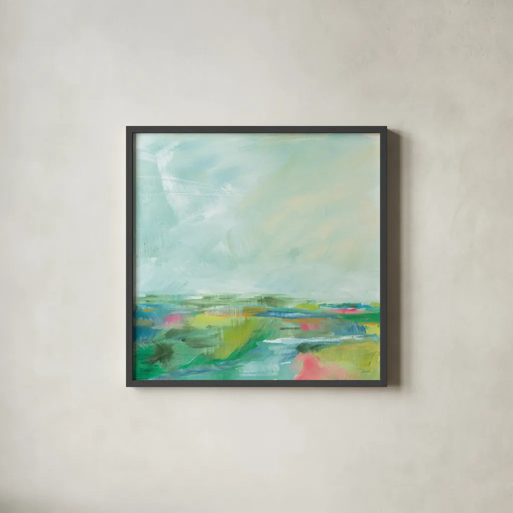 Colorful Horizon Square I by Sue Schlabach. Shown in a sleek black glass frame for a contemporary gallery look. Available as an archival giclee rolled canvas, fine art paper, or poster print. SKU 63752a.
