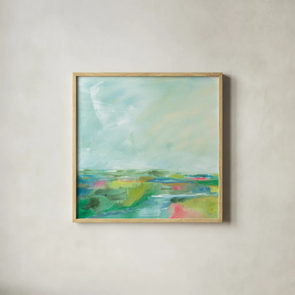 Colorful Horizon Square I by Sue Schlabach. Shown in a natural wood glass frame for a timeless modern aesthetic. Available as an archival giclee rolled canvas, fine art paper, or poster print. SKU 63752a.