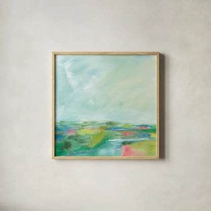 Colorful Horizon Square I by Sue Schlabach. Shown in a natural wood glass frame for a timeless modern aesthetic. Available as an archival giclee rolled canvas, fine art paper, or poster print. SKU 63752a.