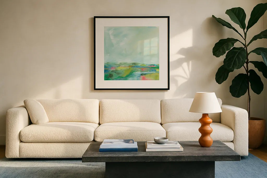 Colorful Horizon Square I by Sue Schlabach. Displayed in a glass frame with matte in a clean modern living room. Available as an archival giclee rolled canvas, fine art paper, or poster print. SKU 63752a.