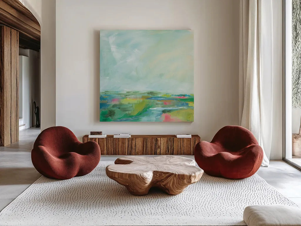 Colorful Horizon Square I by Sue Schlabach. Shown as extra-large giant wall art in a modern living room. Available as an archival giclee rolled canvas, fine art paper, or poster print. SKU 63752a.
