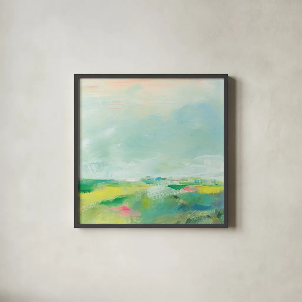 Colorful Horizon Square II by Sue Schlabach. Shown in a sleek black glass frame for a contemporary gallery look. Available as an archival giclee rolled canvas, fine art paper, or poster print. SKU 63753a.