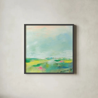 Colorful Horizon Square II by Sue Schlabach. Shown in a sleek black glass frame for a contemporary gallery look. Available as an archival giclee rolled canvas, fine art paper, or poster print. SKU 63753a.