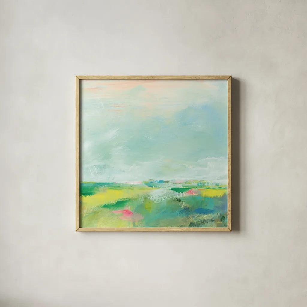 Colorful Horizon Square II by Sue Schlabach. Shown in a natural wood glass frame for a timeless modern aesthetic. Available as an archival giclee rolled canvas, fine art paper, or poster print. SKU 63753a.
