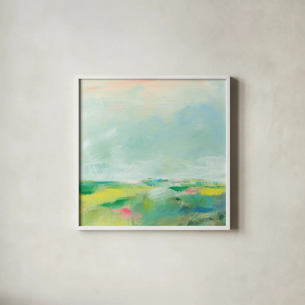 Colorful Horizon Square II by Sue Schlabach. Shown in a crisp white glass frame for a clean and minimalist style. Available as an archival giclee rolled canvas, fine art paper, or poster print. SKU 63753a.
