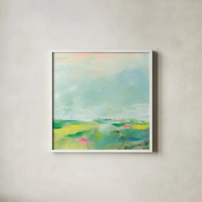 Colorful Horizon Square II by Sue Schlabach. Shown in a crisp white glass frame for a clean and minimalist style. Available as an archival giclee rolled canvas, fine art paper, or poster print. SKU 63753a.