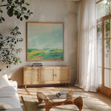 Colorful Horizon Square II by Sue Schlabach. Shown in a natural wood frame in a cozy modern living room. Available as an archival giclee rolled canvas, fine art paper, or poster print. SKU 63753a.