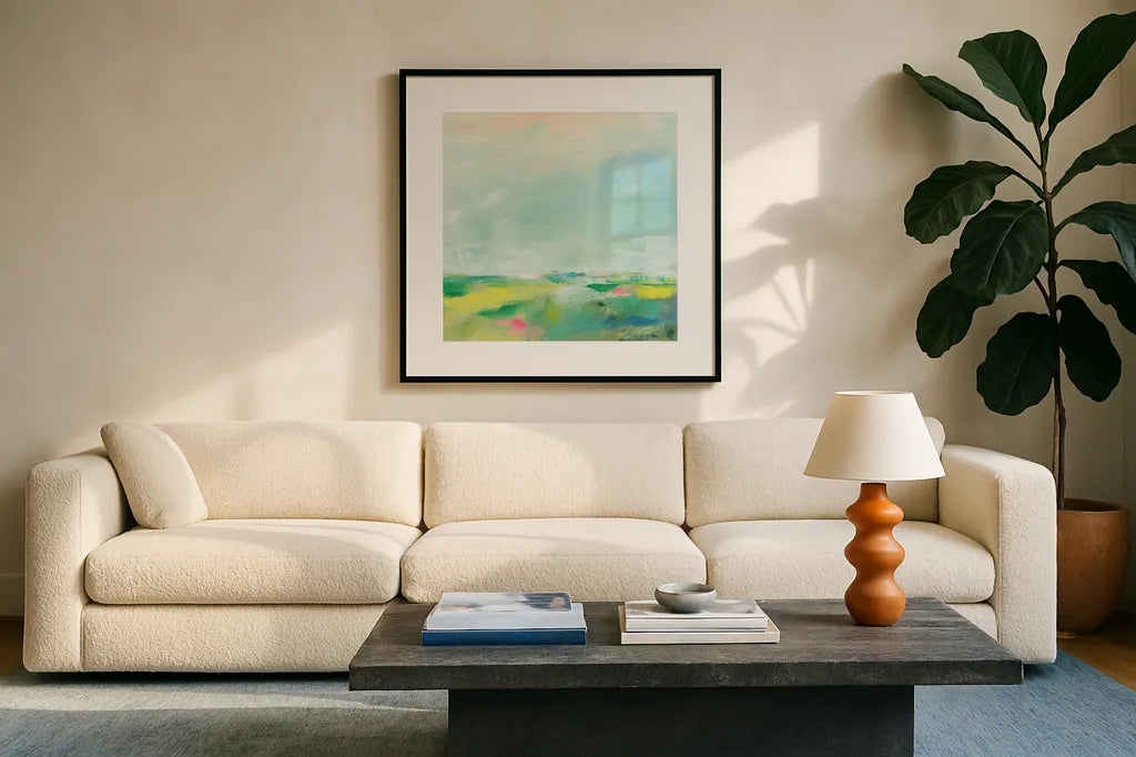 Colorful Horizon Square II by Sue Schlabach. Displayed in a glass frame with matte in a clean modern living room. Available as an archival giclee rolled canvas, fine art paper, or poster print. SKU 63753a.