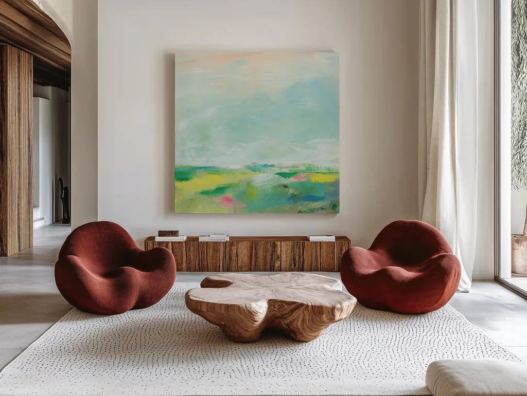 Colorful Horizon Square II by Sue Schlabach. Shown as extra-large giant wall art in a modern living room. Available as an archival giclee rolled canvas, fine art paper, or poster print. SKU 63753a.