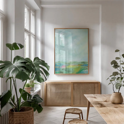 Colorful Horizon Vertical Crop I by Sue Schlabach. shown as a print in a natural wood frame in a dining room. Available as a archival giclee rolled canvas, fine art paper, or poster print. SKU 63749h.