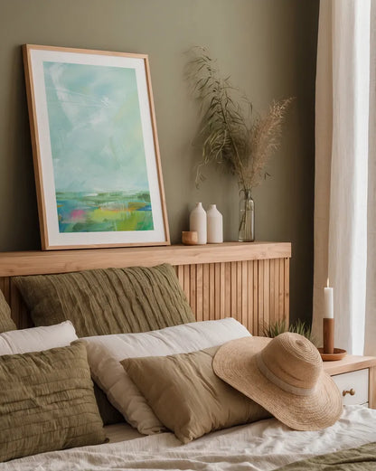 Colorful Horizon Vertical Crop I by Sue Schlabach. shown as a paper print in a natural frame. Available as a archival giclee rolled canvas, fine art paper, or poster print. SKU 63749h.