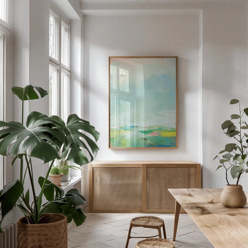 Colorful Horizon Vertical Crop III by Sue Schlabach. shown as a print in a natural wood frame in a dining room. Available as a archival giclee rolled canvas, fine art paper, or poster print. SKU 63751h.