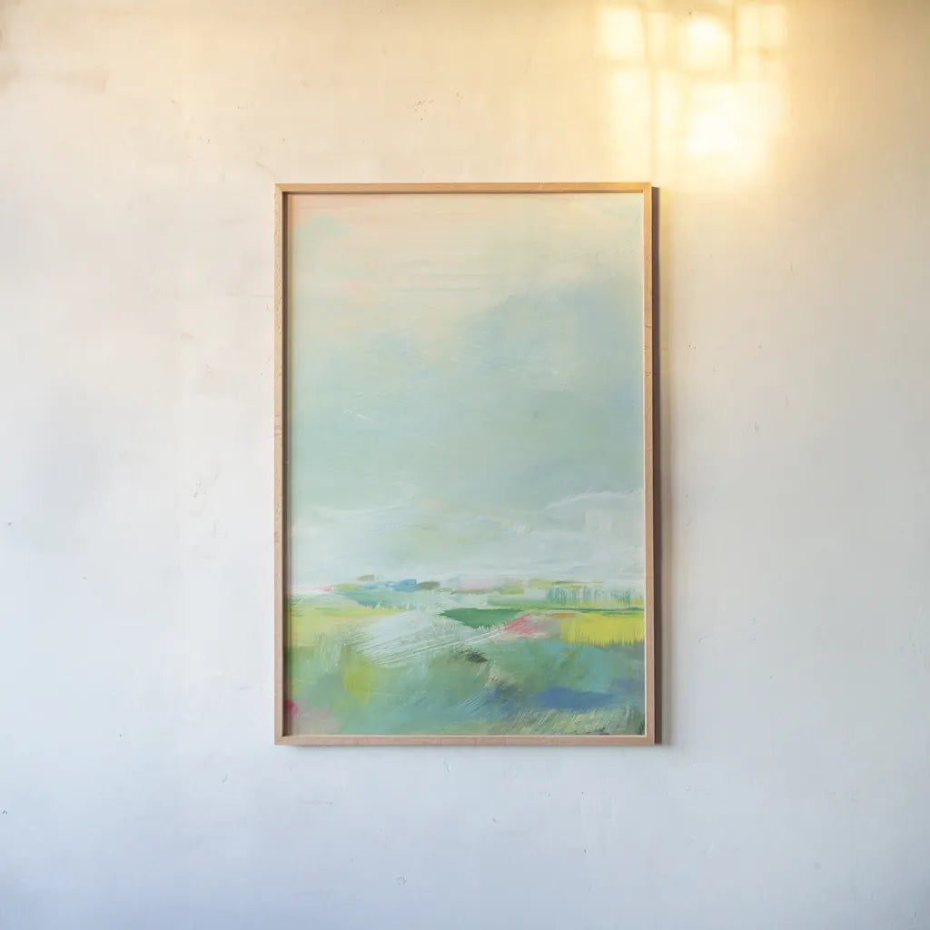 Colorful Horizon Vertical Crop III by Sue Schlabach. shown as a paper print in a natural frame. Available as a archival giclee rolled canvas, fine art paper, or poster print. SKU 63751h.