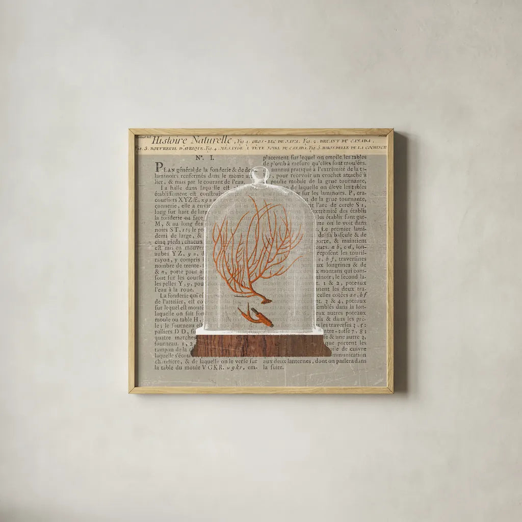 Coral Under Glass Newsprint II by Sue Schlabach. Shown in a natural wood glass frame for a timeless modern aesthetic. Available as an archival giclee rolled canvas, fine art paper, or poster print. SKU 44732a.